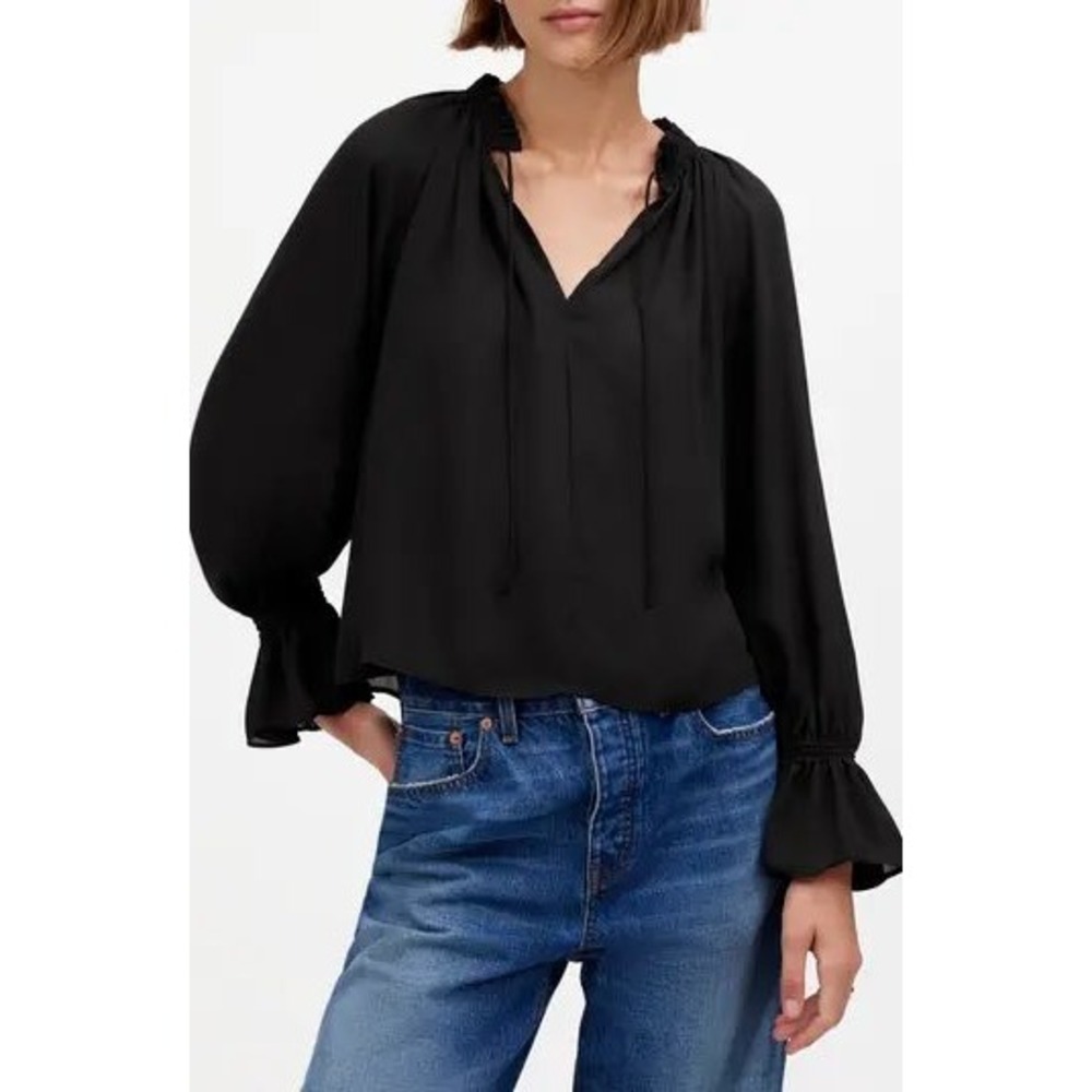 Madewell‎ Black oversized Neck Tie Front Peasant Blouse Ruffle Cuff Top XXS
